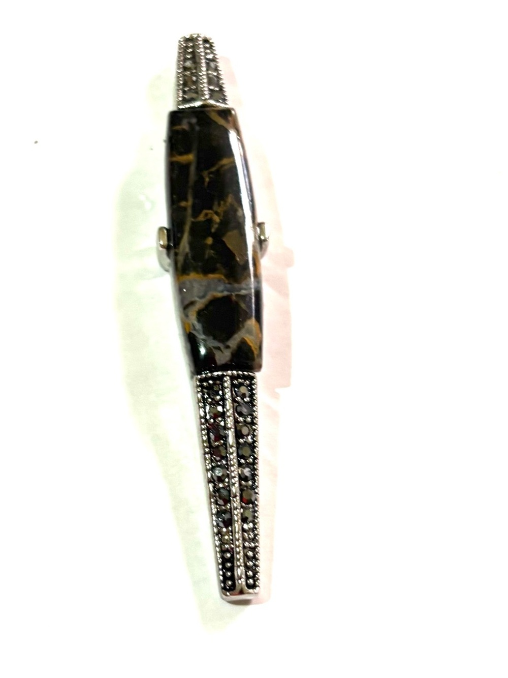 Vintage Black and Brown Marbled  Stone pendant with Silver Marcasite Accents